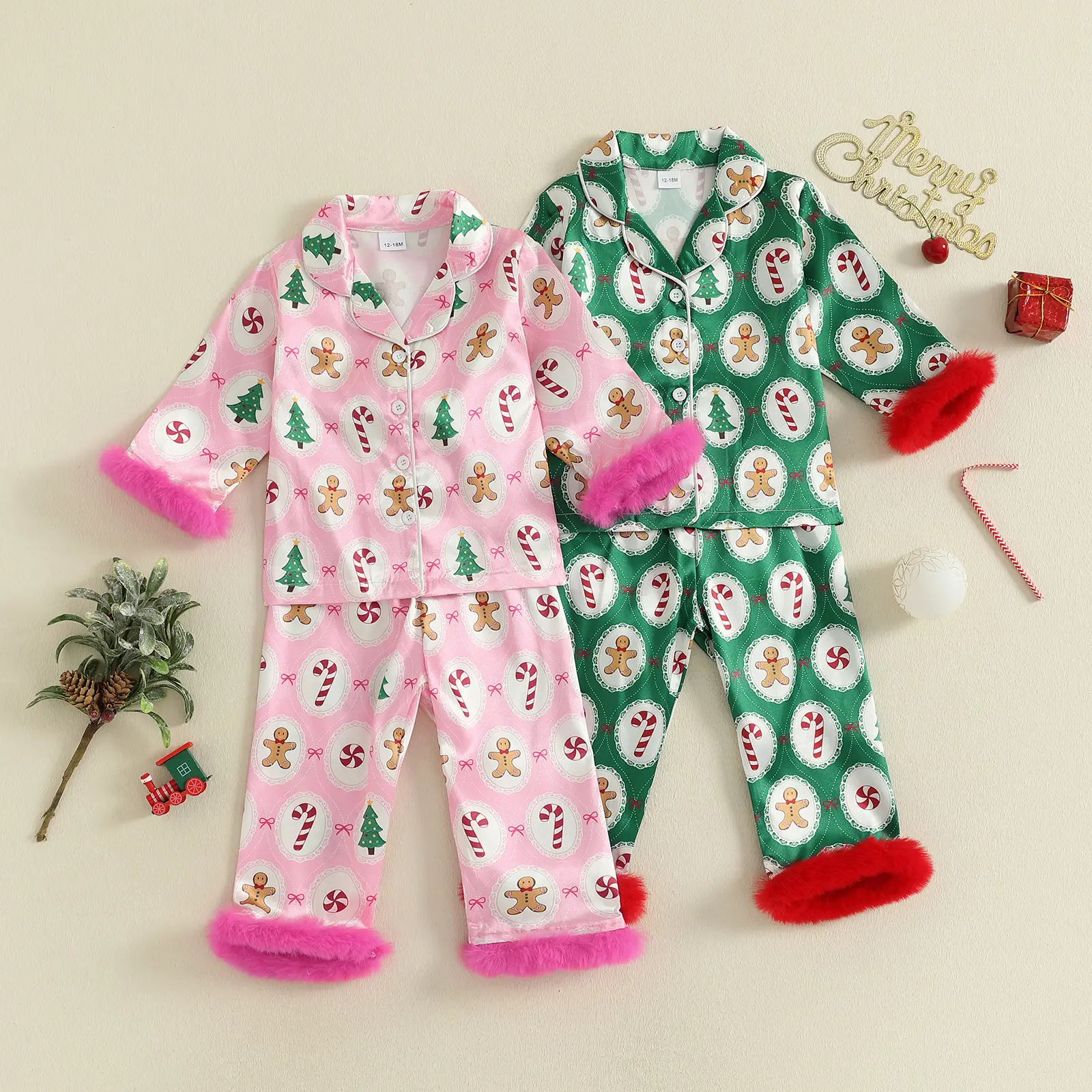 Toddler Baby Girl Boy Christmas atin Pajamas Set Gingerbread Man Print Lapel Long Sleeve Button Down Tops with Pants Sleepwear