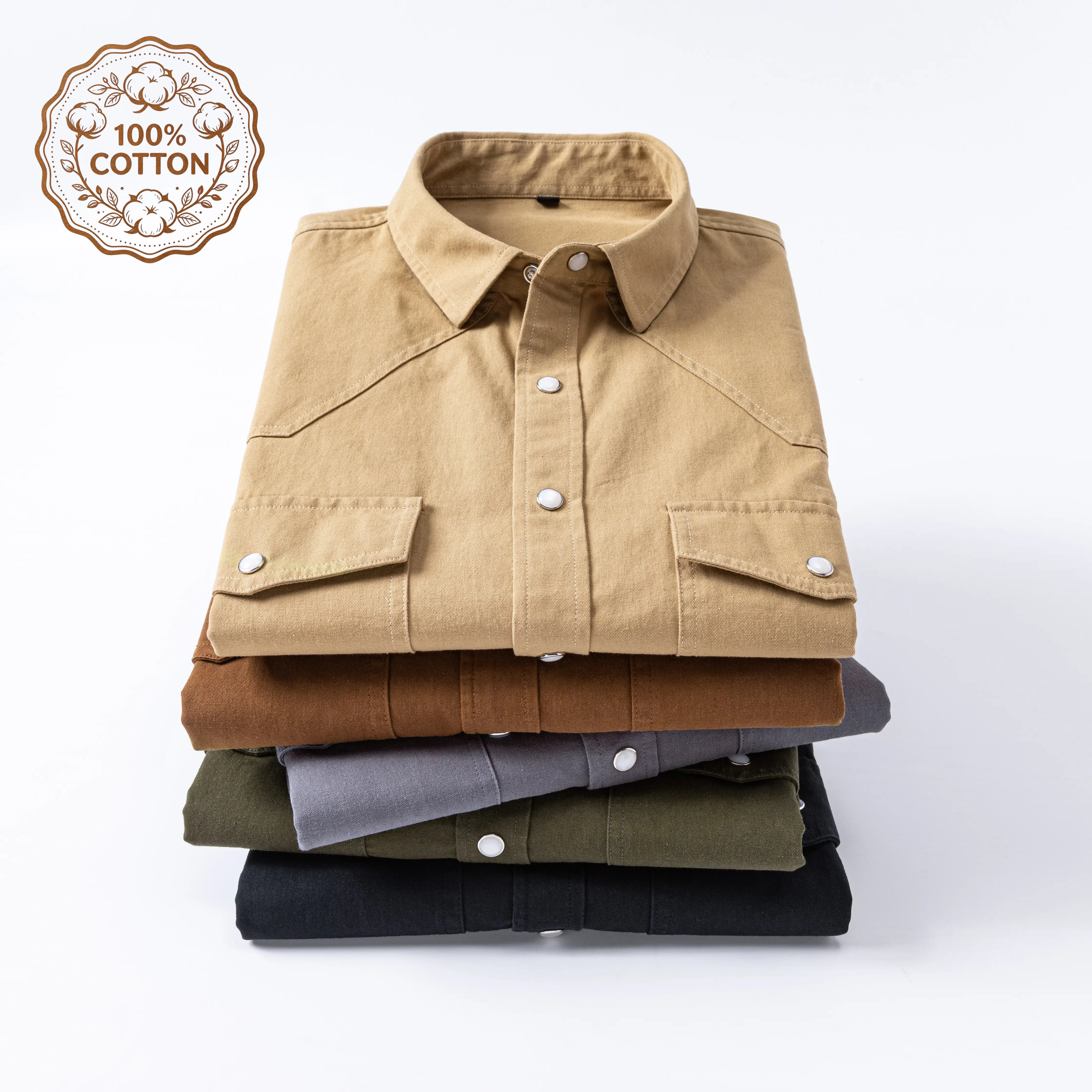 Men's Workwear Shirt, 100% Cotton Long Sleeve with Pearl Snaps and Dual Chest Pockets, Regular Fit for Casual Daily Wear, Menswear, Longsleeves