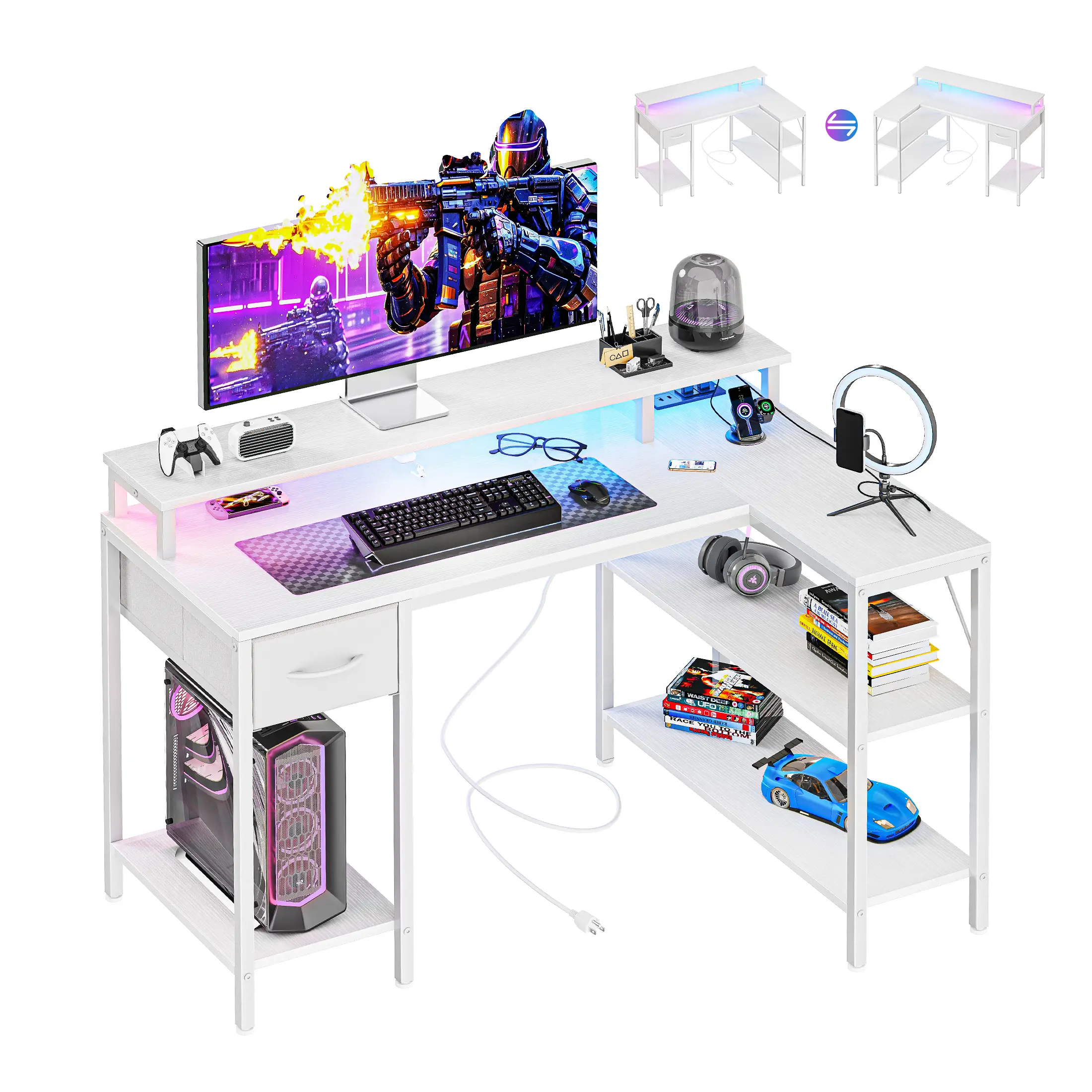 53" L-Shaped Gaming Desk - Reversible Corner Furniture with Integrated Power Hub, USB Ports, LED Lights, Secure Monitor Riser, Storage Shelves for Small Home Office Remote Work