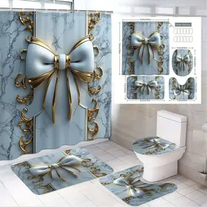 1/4pcs Marble Pattern Light Blue White Bathroom Set, Bathroom Decoration Accessories - 3D Gold Bow Shower Curtain, Toilet Seat Cover, 2 Bath Mats with Gold Filigree - Decor for Easter, Christmas, Bathroom Decor And Accessories