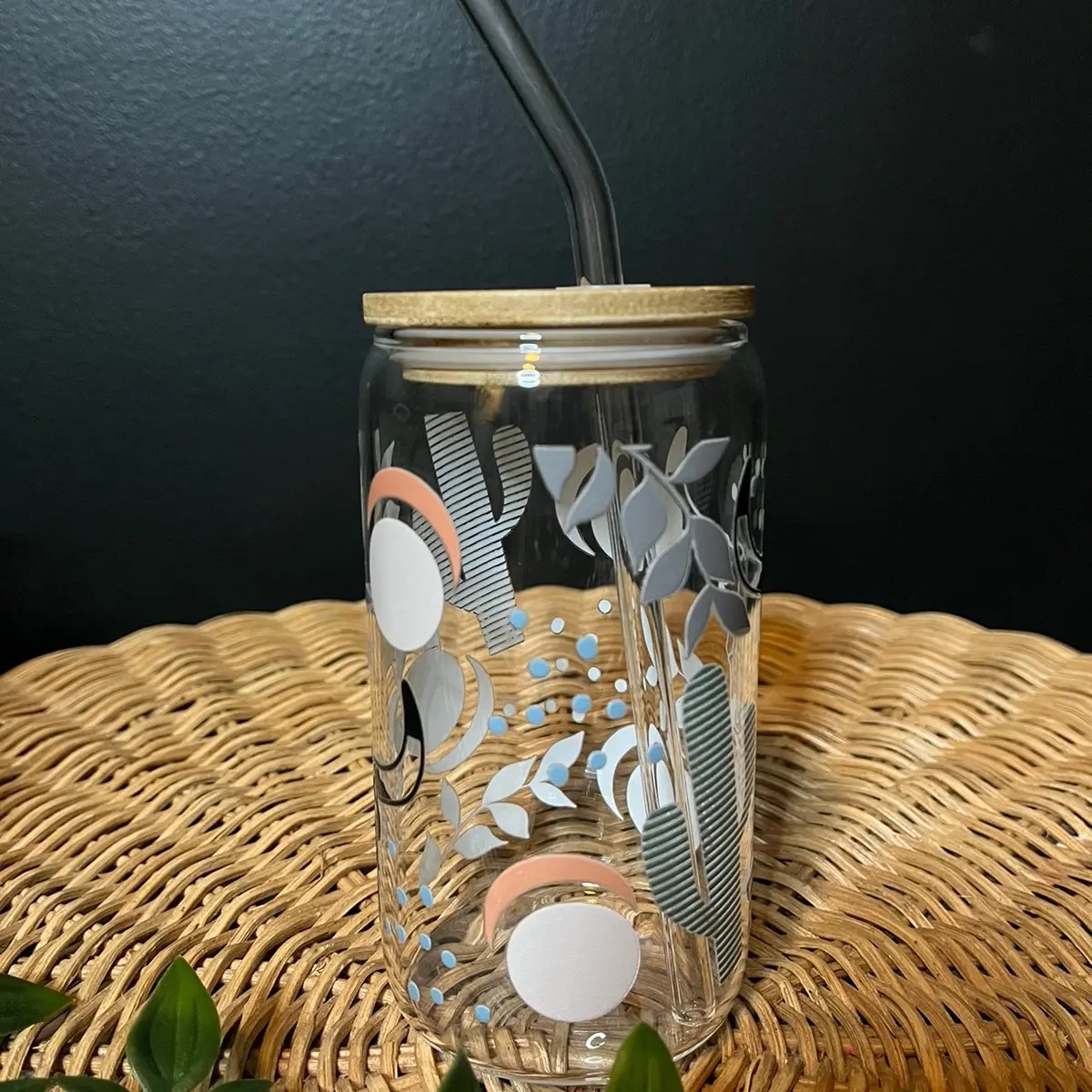 16 oz Boho Western Cactus Soda Can Glass with Bamboo Lid and Glass Straw