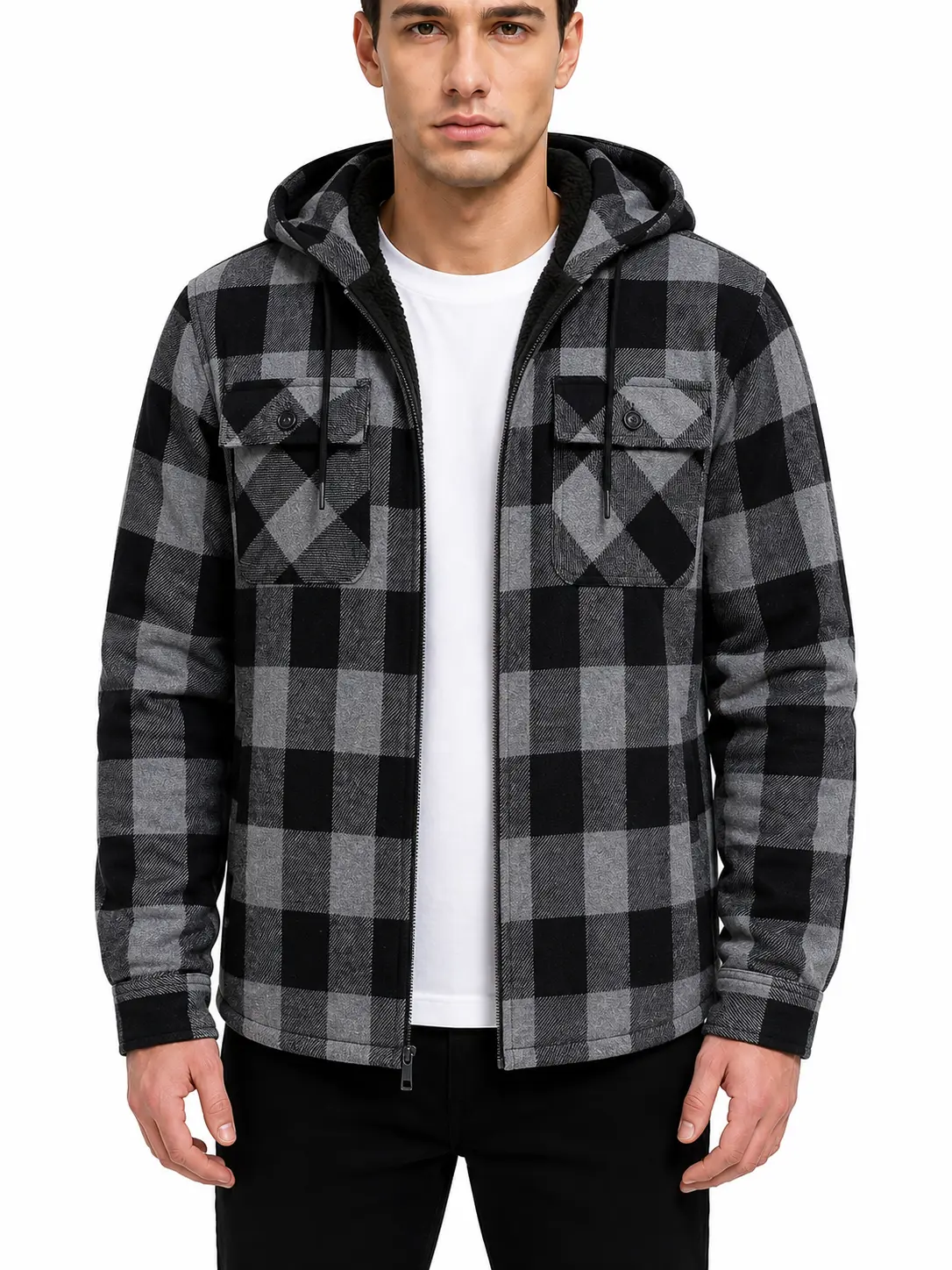 ZITY Men's Hooded Checked Flannel Fleece-Lined Jacket - Long Sleeve Zip-Up Hoodie, Warm Fall Winter Outerwear Fall Clothes Casual
