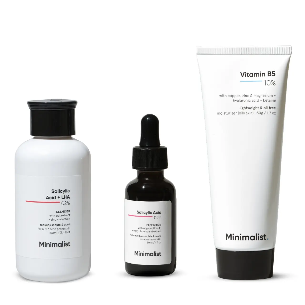 Minimalist 3-Step Acne Kit - Salicylic Acid Exfoliator with Glycolic & Lactic Acid, Cleanser, Moisturizer for Oily Skin, Pore Tightening, Blackhead Removal & Redness Relief, Serum, Blackheads