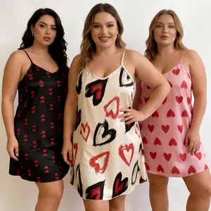 ZIZI SAUCE 3-Piece Heart Print Satin Nightgown Set for Plus Size Women 1XL-4XL, Adjustable Spaghetti Strap A-Line Sleep Dress for Curvy Ladies  Nightwear  Womenswear  Sleeveless  Loungewear  Homewear outdoorfun