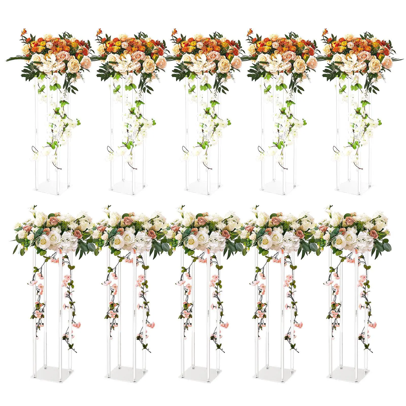 VEVOR 10PCS 23.6in High Wedding Flower Stands - Transparent Acrylic Laminate, Vase Columns, Classic/Modern Festival Style Centrepieces, Faux Floral/Bouquet Centrepieces for T-Stage Receptions, Party Decor