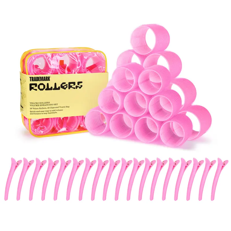 Trademark Velcro Rollers 37 pc Set - 9 Medium and 9 Large Hair Rollers with 18 Matching Clips in Pink Color with Case, Bombshell Blowout, Volume, Self Grip Rollers