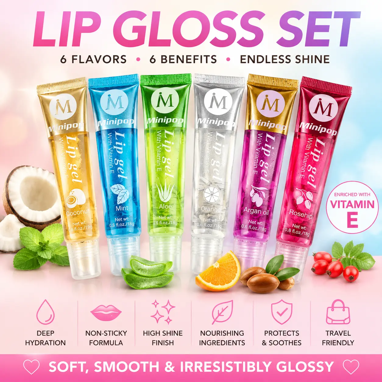 6Pcs Fruit Flavored Lip Gloss in Tube, Clear Texture, Intense Hydration & Moisturization, High Glossy Finish