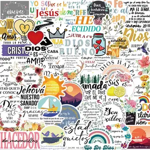 Spanish Bible Verse Sticker, 50pcs/set Cartoon Pattern Self Adhesive Decorative Stickers, DIY Decals for Water Bottle, Laptop, Cellphone, Phone Case, Scrapbook