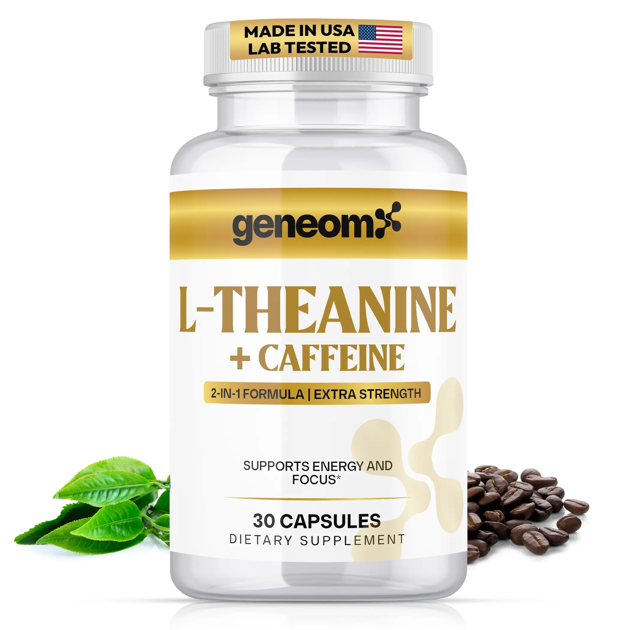 Geneomx L-Theanine + Caffeine 2-in-1 Extra Strength Dietary Supplement Capsules, 30-Count Natural Vitamin Energy Focus Supplement, Focus Fuel for Alertness, Healthcare