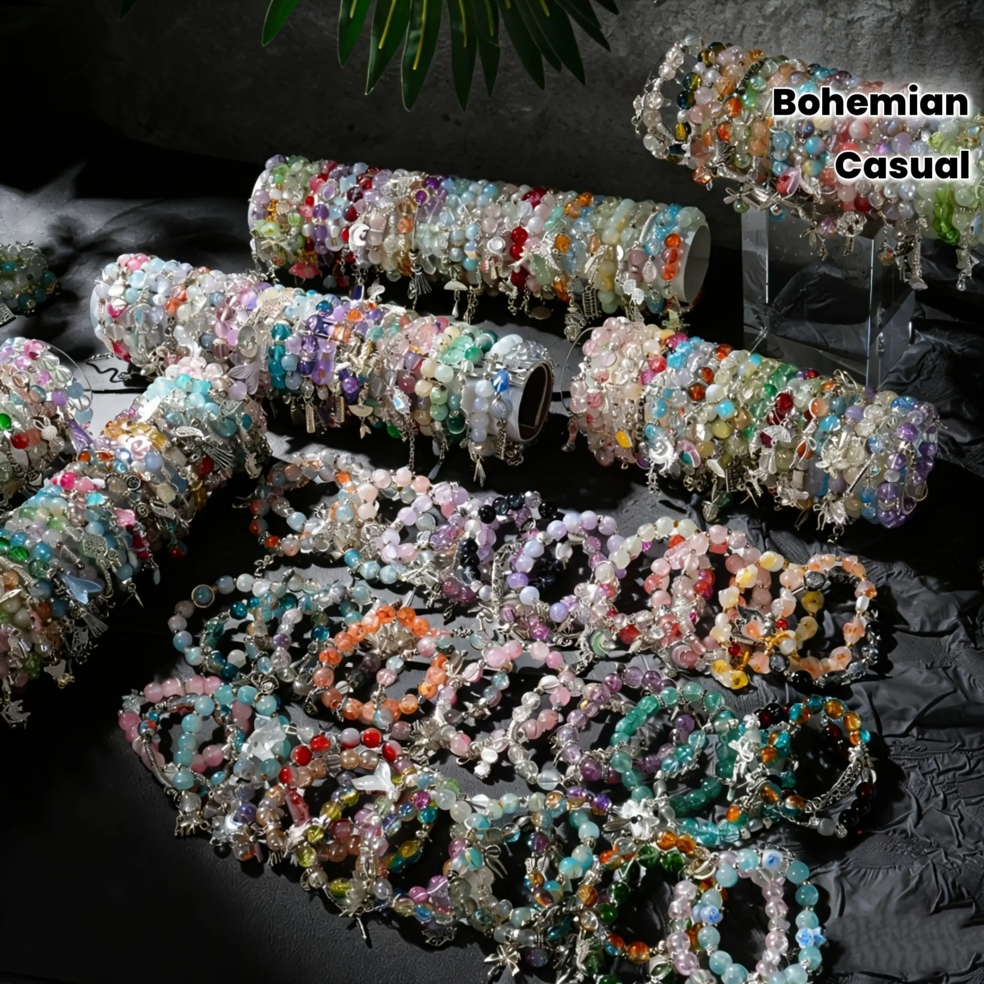 Women's Bohemian Charm Bracelet Set, Colorful Mixed Glass & Alloy Beaded Jewelry, Stackable for Summer Beach Wear