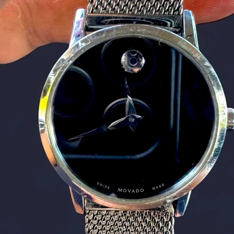 Movado Swiss Made Watch with Black Dial and Silver Mesh Strap