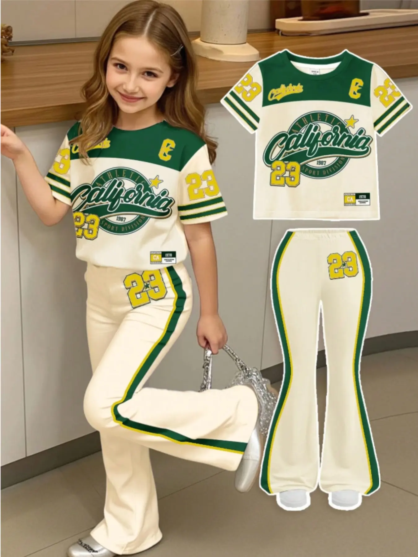 American Retro University Style Vintage Sportswear Set, Young Girl Casual Letter Print T-Shirt and Bell Pants, Athleisure Wear Set, Leisure Sports Suit, Summer, Outdoor Picnic, Street Photography