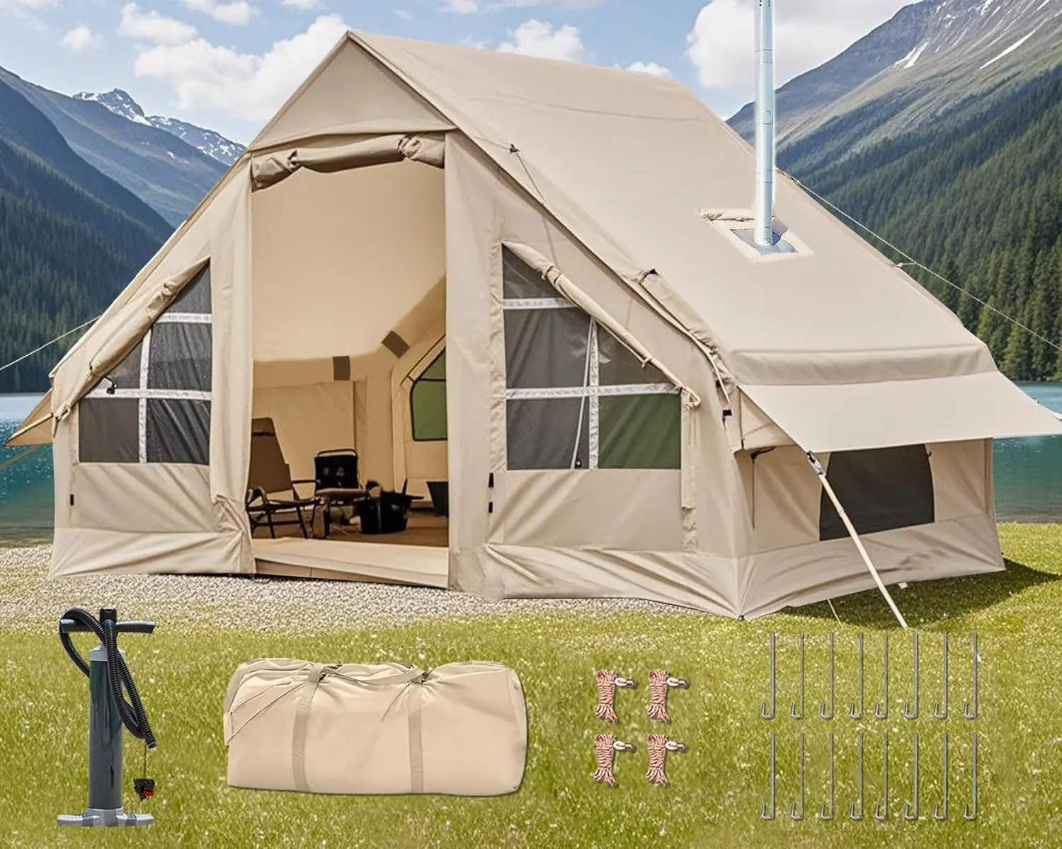 Inflatable Glamping Camping Tent 2-10 Person, Quick Setup Tent with Pump, Hot Tent with Stove Jack, Waterproof Windproof Heavy Duty Oxford, Panoramic Skylight, 4 Season Family Outdoor Shelter