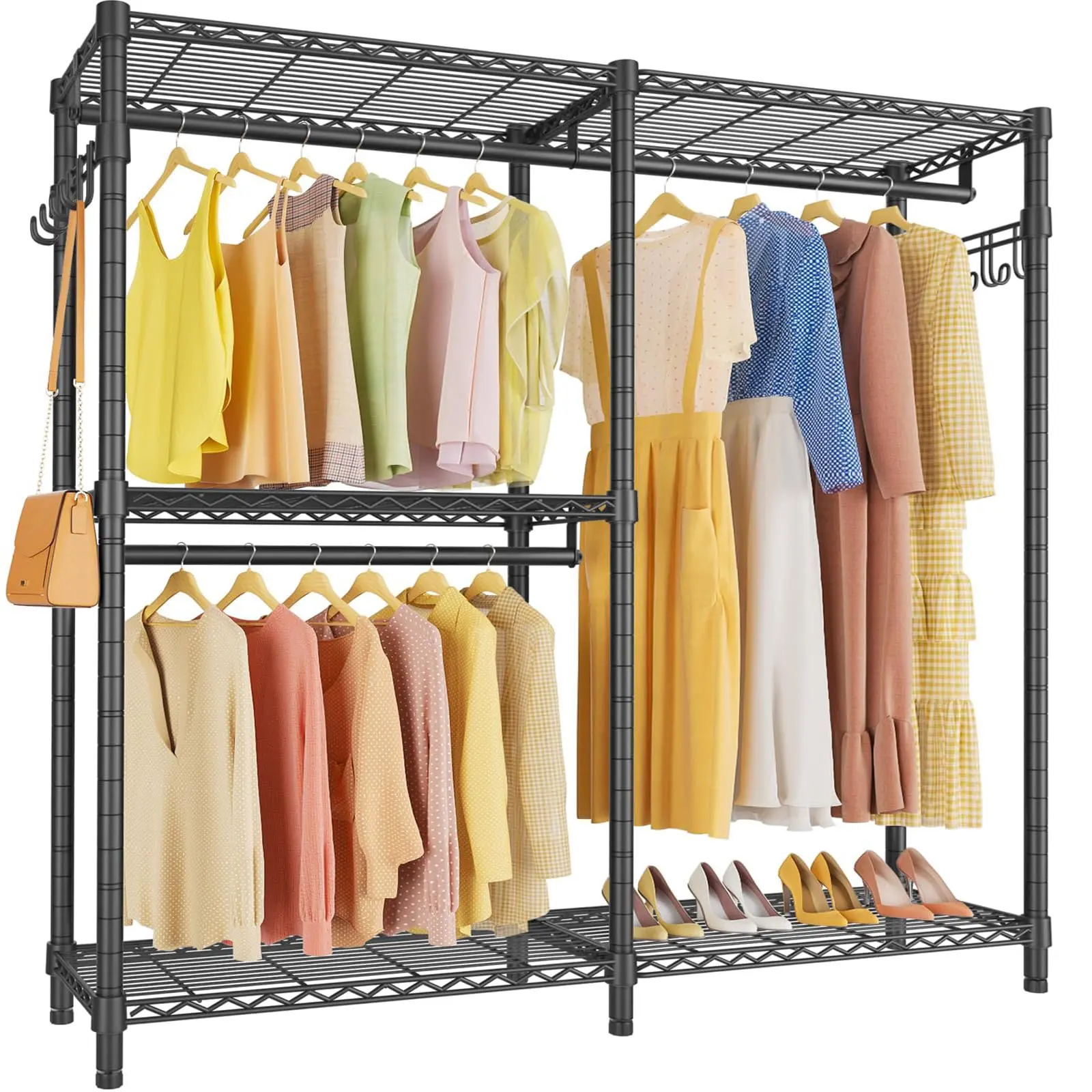 VIPEK V4 Closet Rack Portable Wardrobe, No Drill Heavy Duty Clothing Rack with 3 Rods & Hooks, Adjustable Shelves, Modern Closet Organizer for Hanging Clothes & Home Closet, Black