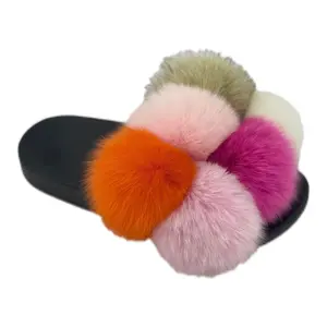 Women's Winter 5-Bubble Fur Slide-On Slippers - Soft Fluffy Cotton Footwear, Anti-Slip Rubber Sole Grip, Elegant Studded, Plain Look, Indoor/Outdoor All-Day Wear Shoes