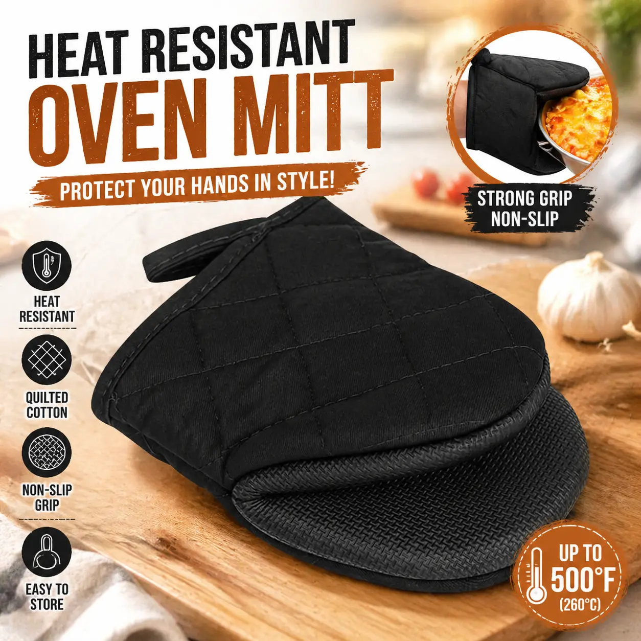 500°F Heat Resistant Oven Mitts, Silicone Non-Slip Grip Kitchen Gloves, Short BBQ Grilling Mitts for Baking, Machine Washable with Hanging Loop, Black Kitchenware Bakeware Classic