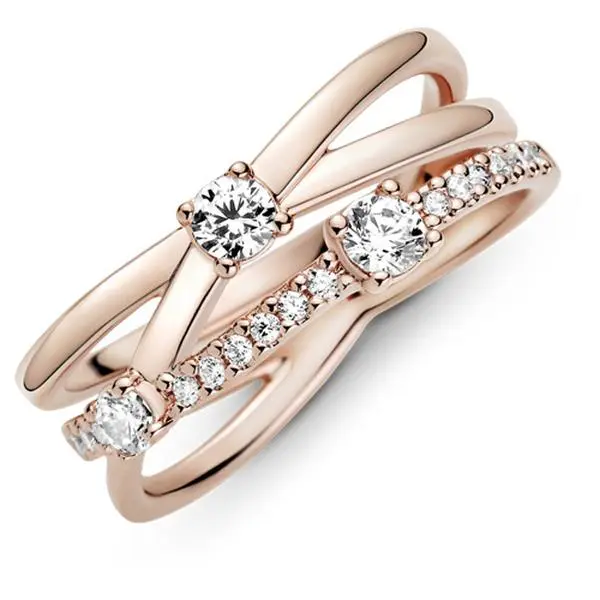 Pandora Sparkling Triple Band Silver Ring, 189400C01-50, US Women's Female Adults' Jewelry, Gold-Accented Option