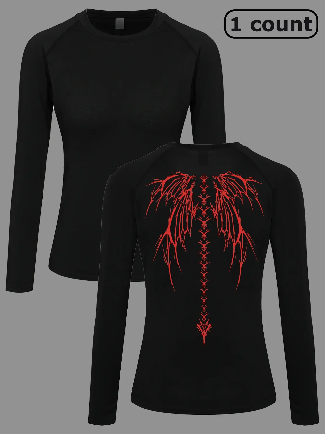 Skull Skeleton Wings Print Long Sleeve Sports T-Shirt for Women, Spring & Fall Round Neck Quick-Dry Breathable Elastic Yoga Running Top, Gym Tops, Workout Clothes