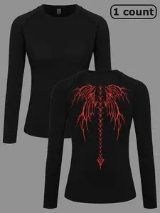 Skull Skeleton Wings Print Long Sleeve Sports T-Shirt for Women, Spring & Fall Round Neck Quick-Dry Breathable Elastic Yoga Running Top, Gym Tops, Workout Clothes