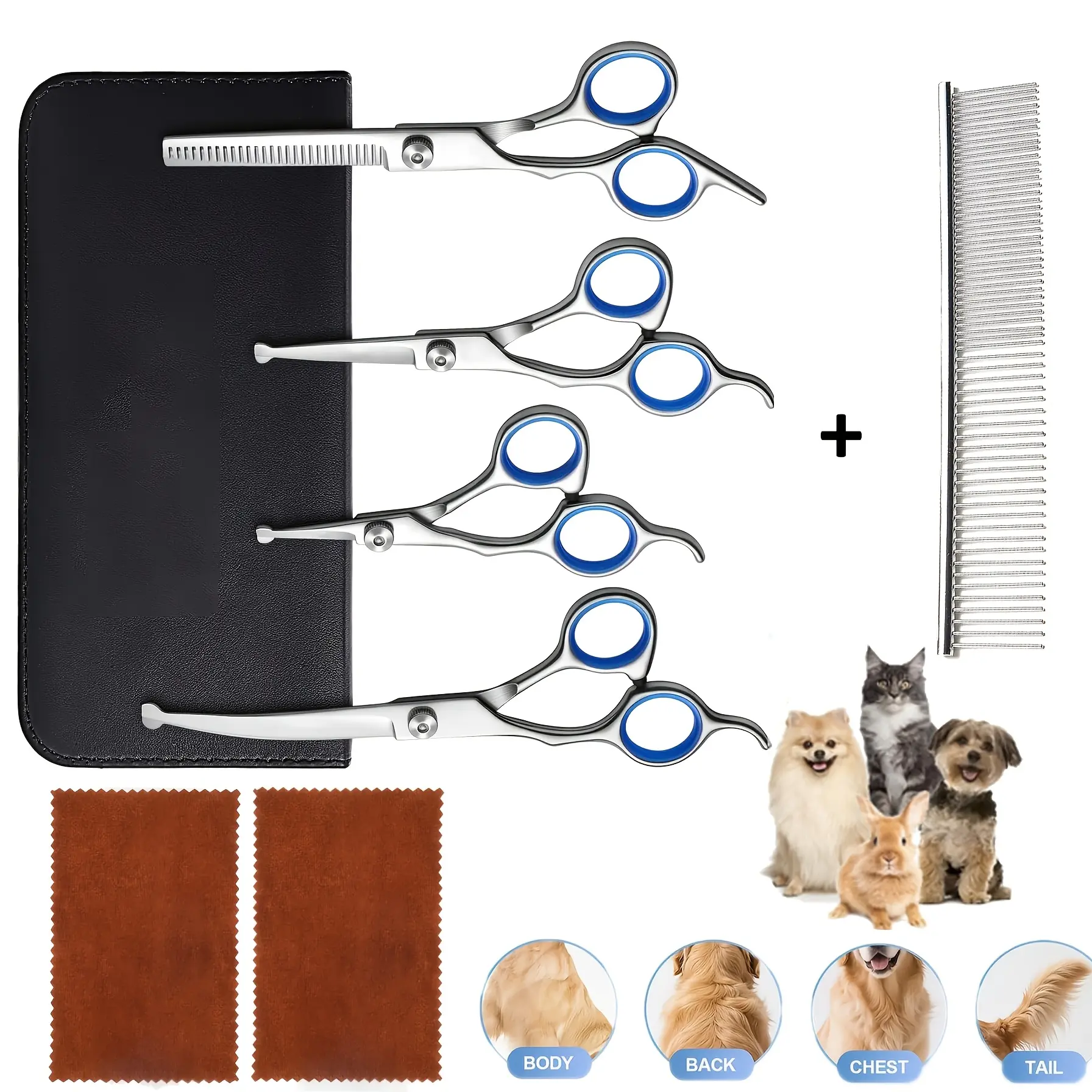 6 PCS Dog Grooming Scissors Kit, Curved Dog Scissors For Grooming Safety Round Tip, Stainless Steel Heavy Duty Thinning Pet Shears Set For Dogs Cats, Pet Owners And Groomers, Comes With 2 Cleaning Cloths