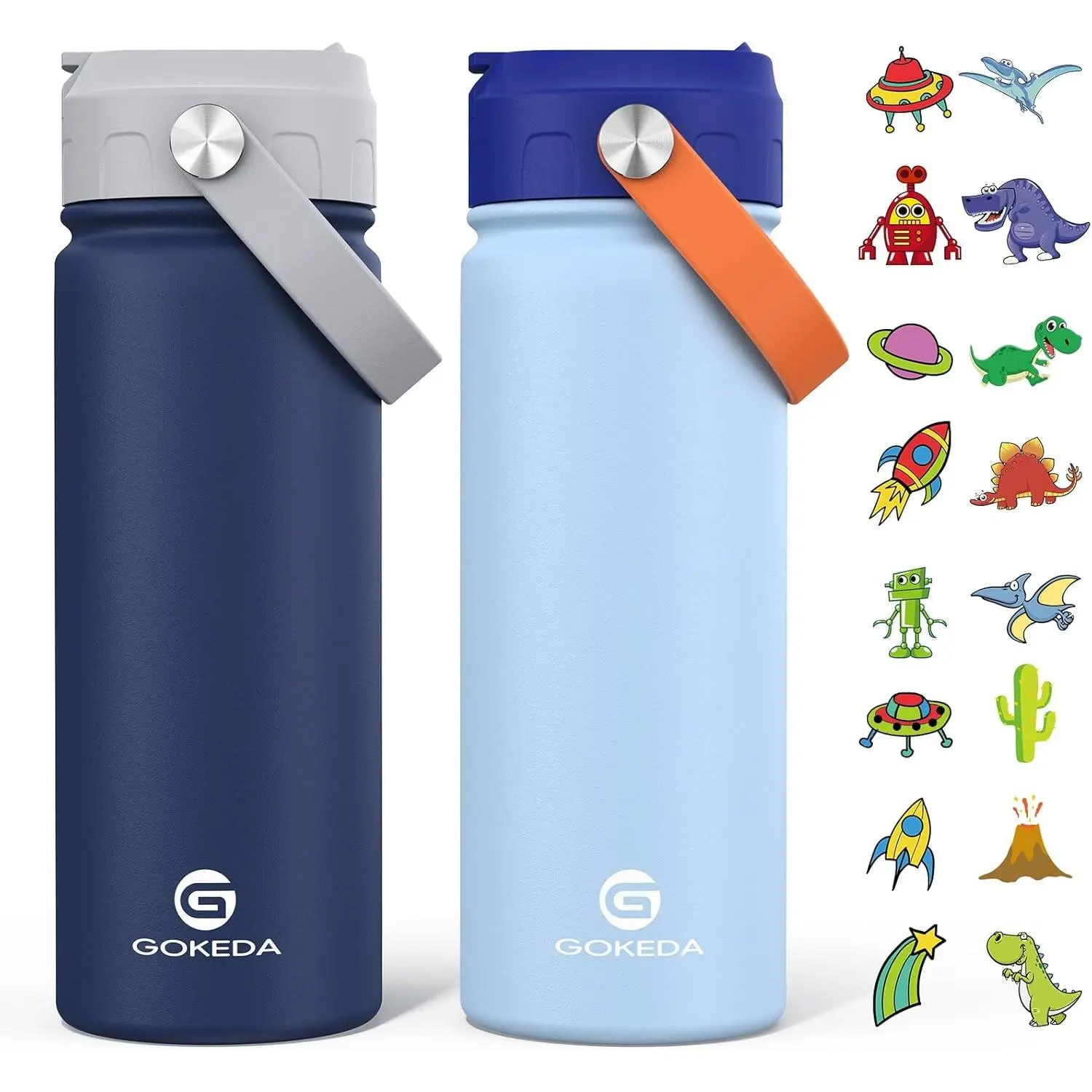 Kids' 2-Pack 18oz Insulated Stainless Steel Tumbler, 18/8 Food-Safe Leakproof Vacuum Straw Cup with Kids-Themed Fun Stickers & Lid, Enhances Hands-On Skills for School Use Gift (Light Blue, Dark Blue)
