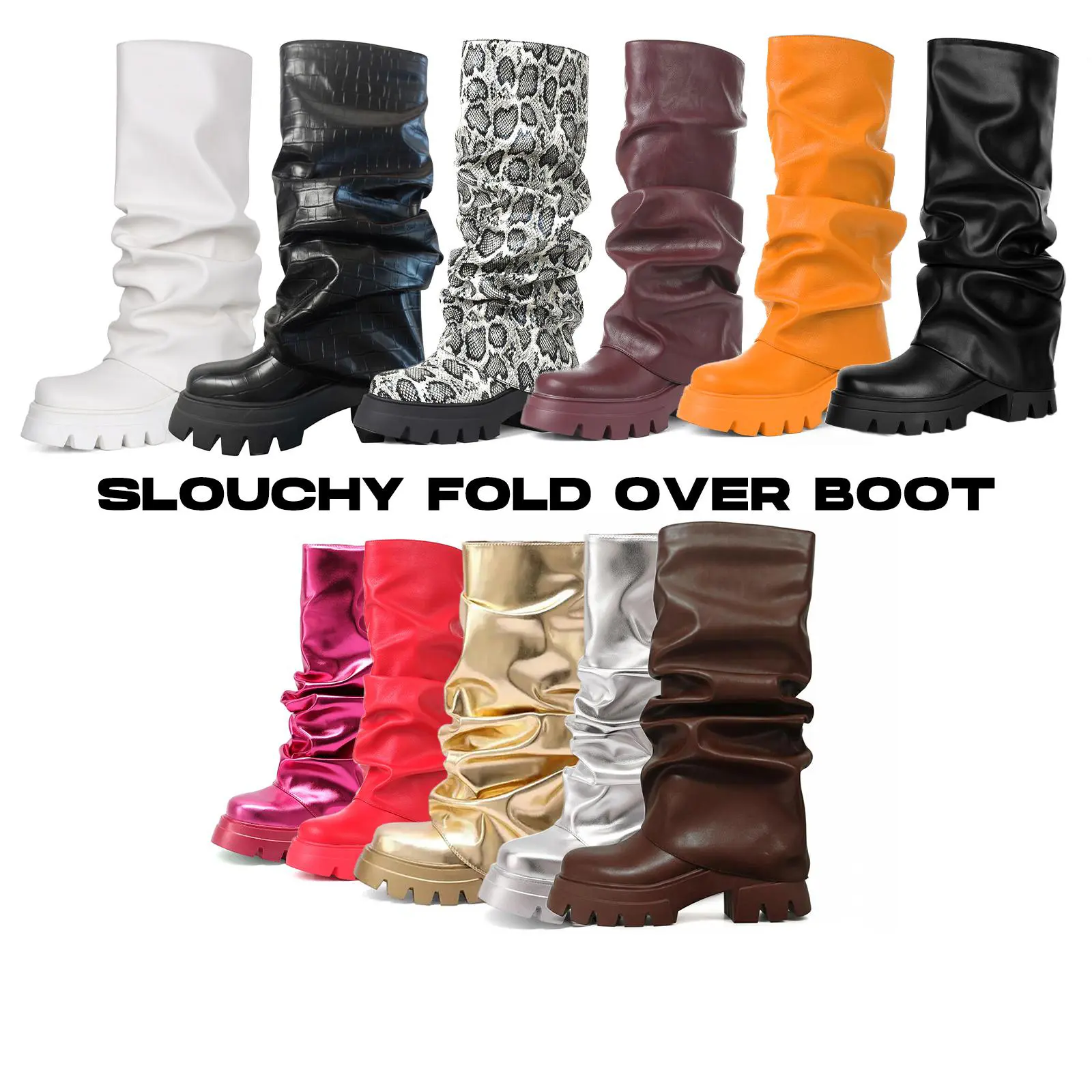 CYNLLIO Women Knee High Boots Women Slouchy Fold Over Boot Platform Boots Chunky High Heels Long Boots Round Toe Dress  Summer Tall Boots