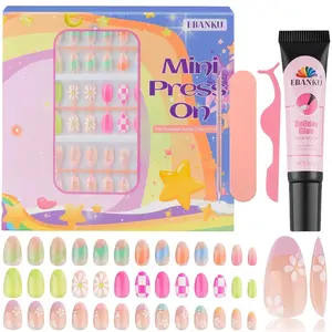 EBANKU Press on Nails Kit for Kids,Includes 156、144、130、78、24 Pieces Per Pack,Colorful Flower Almond Fake Nail Tips for Girls, Kid Fake Nail Kit for Girls 8-12 Years Old with Jelly Nail Adhesives Birthday Gifts Holiday Haul Diy,World Cup Nails