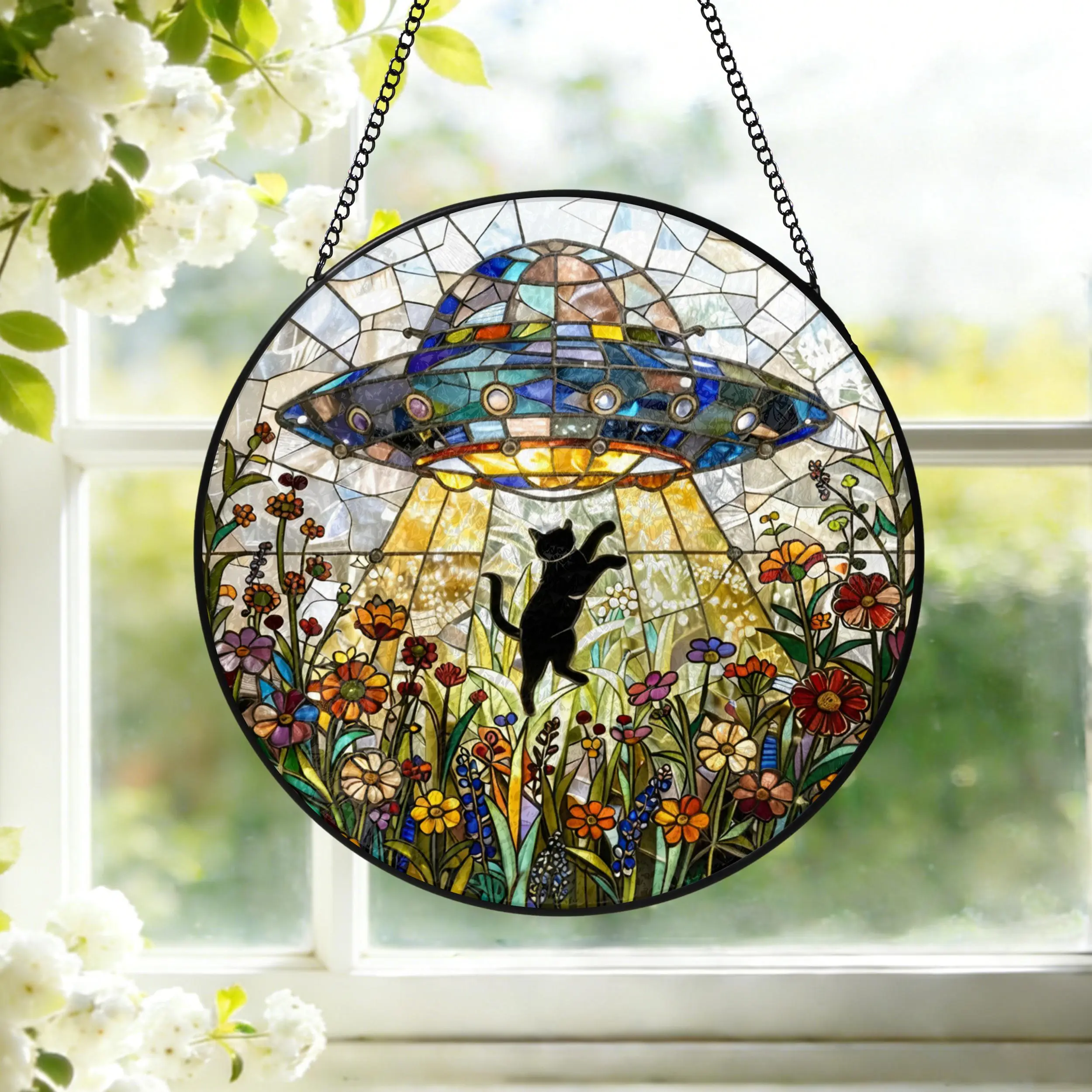 [Made in US] UFO Abduction Black Cat Suncatcher Custom Alien Spaceship Window Decor Cat Sun Catcher Handmade Funny Cat Lover Gift Spaceship Gift S46