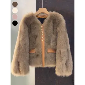 Women’s faux fox fur coat, autumn–winter cropped coat with contrast trim, new Korean patchwork coat GARMENTARY