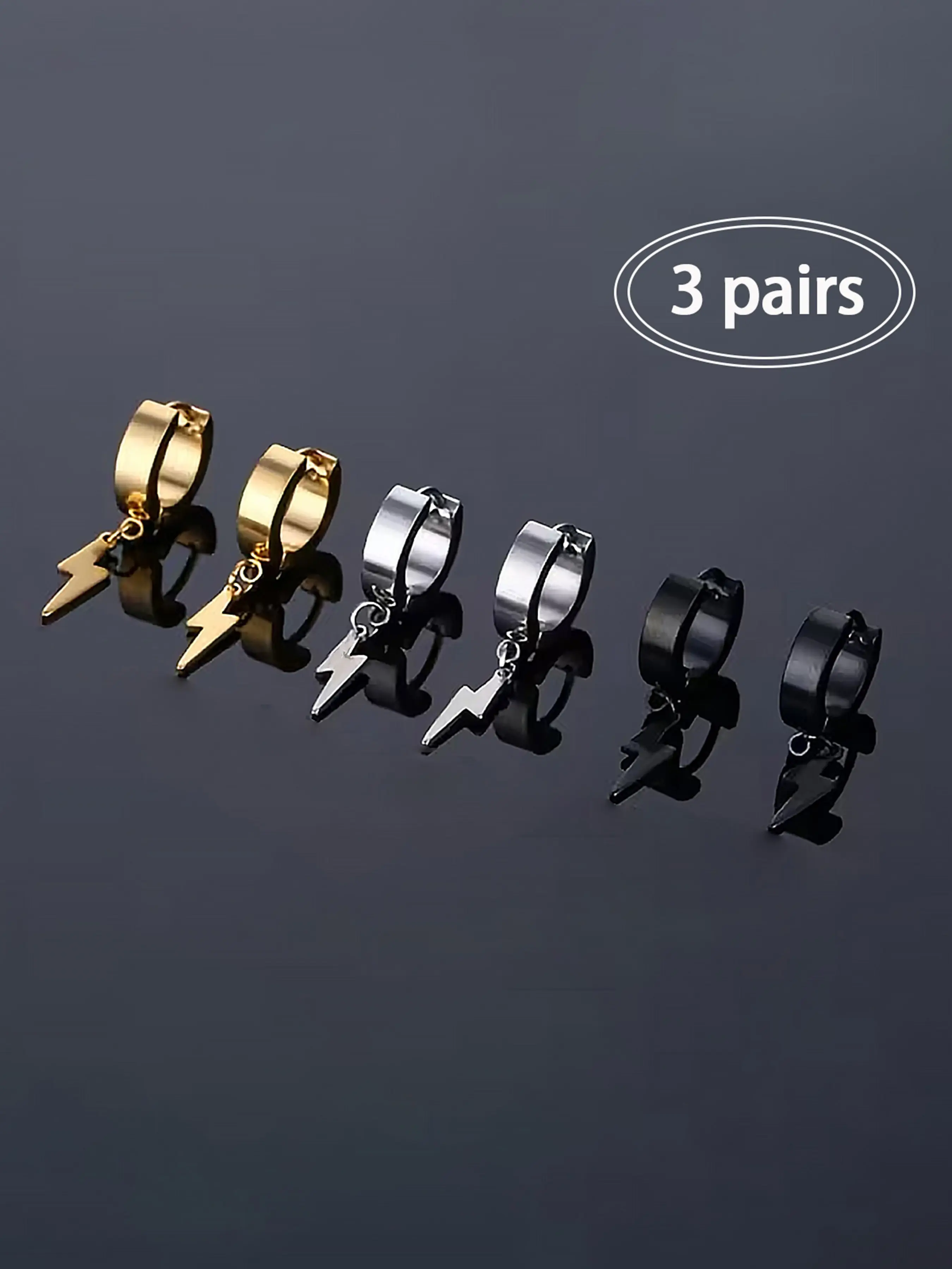 3 Pairs Stainless Steel Lightning Casual Earrings Set, Punk Style, Unisex, Daily Wear, All Seasons, Fashionable Hip Hop Jewelry