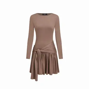 Cider Round Neckline Long Sleeve Tie Side Mini Dress Dealsforyou