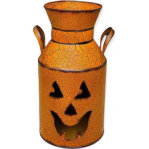 Gerson Halloween Metal Lantern Luminary Milk Can Large Indoor Outdoor Decoration Jack-O-Lantern 15.5'' H (Triangle Tall), 8.5''X5'' Gerson