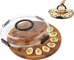 Wooden Deviled Egg Platter with Lid, 24 Holes Round Deviled Egg Tray,Charcuterie Board Food Serving Container Holder for Party and Home Kitchen