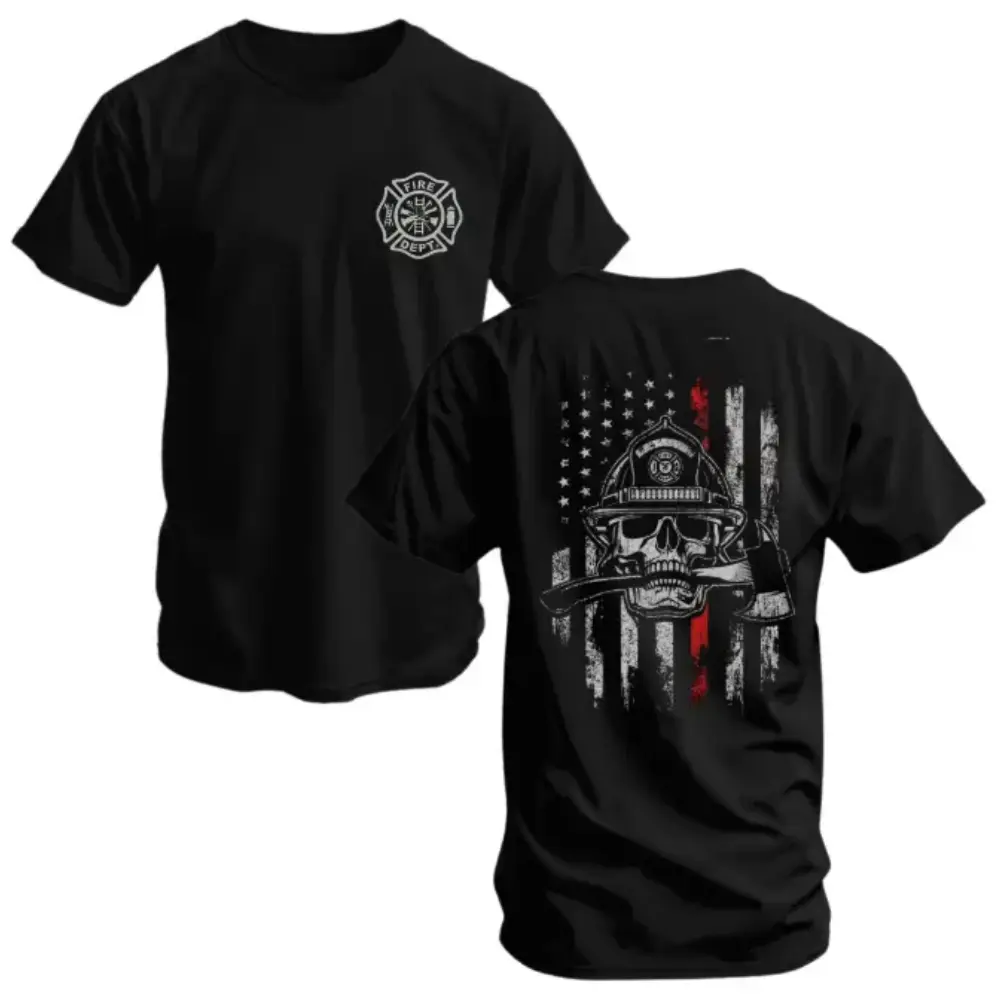 Fire Dept Skull and Axe 2 Sides Graphic Tee T shirt, Honor the Brave Firefighters with American Flag and Skull Design, Perfect for Patriotic Firefighter EnthusiastsEverydayOutfit, ClothesForYou