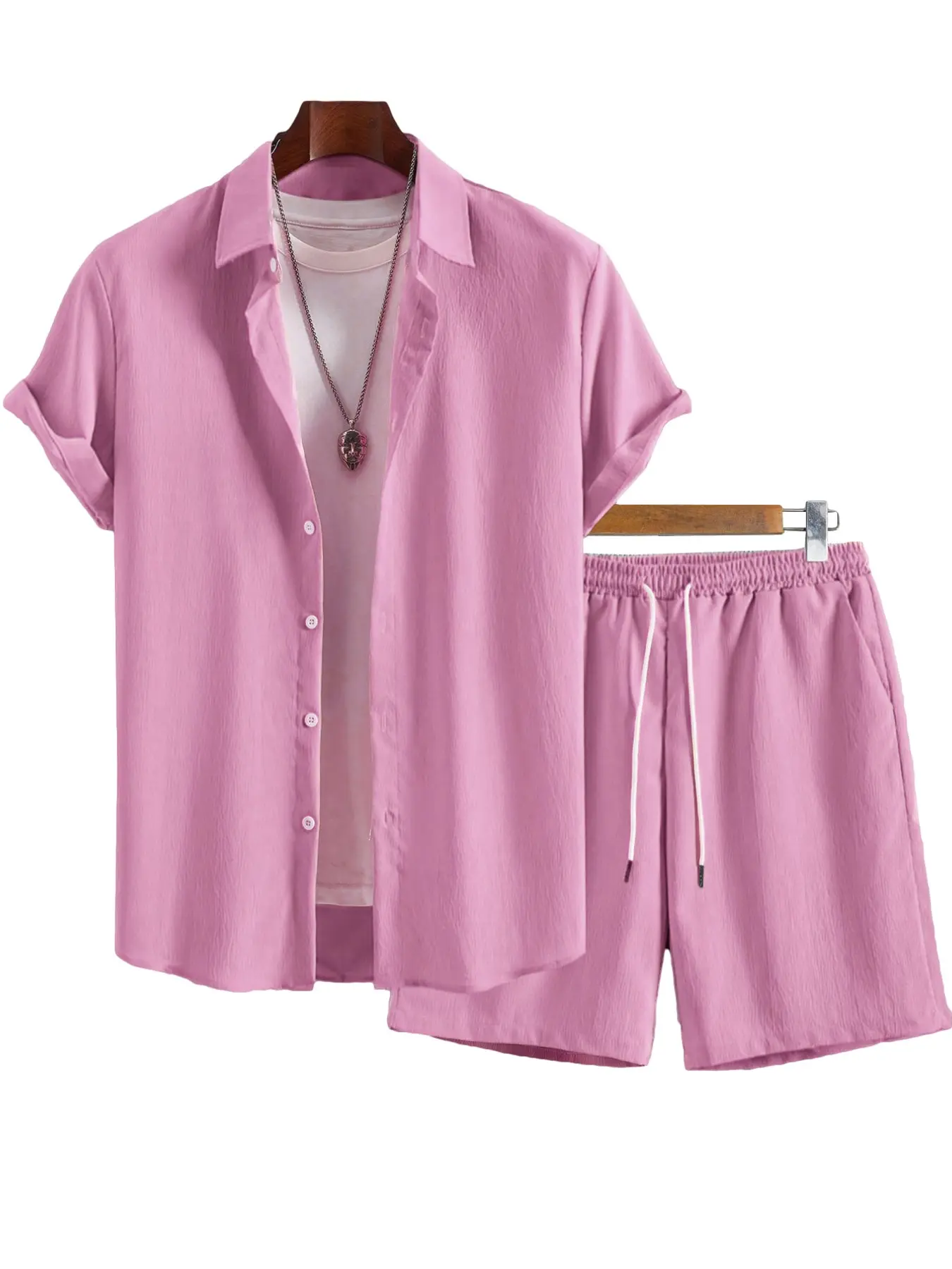 New Men's Plain Solid Color Classic Loose Two-Piece Casual Outfit Set - Button-Up Shirt with Matching Drawstring Shorts, Perfect for Travel and Vacation, Essential for Men Clothes