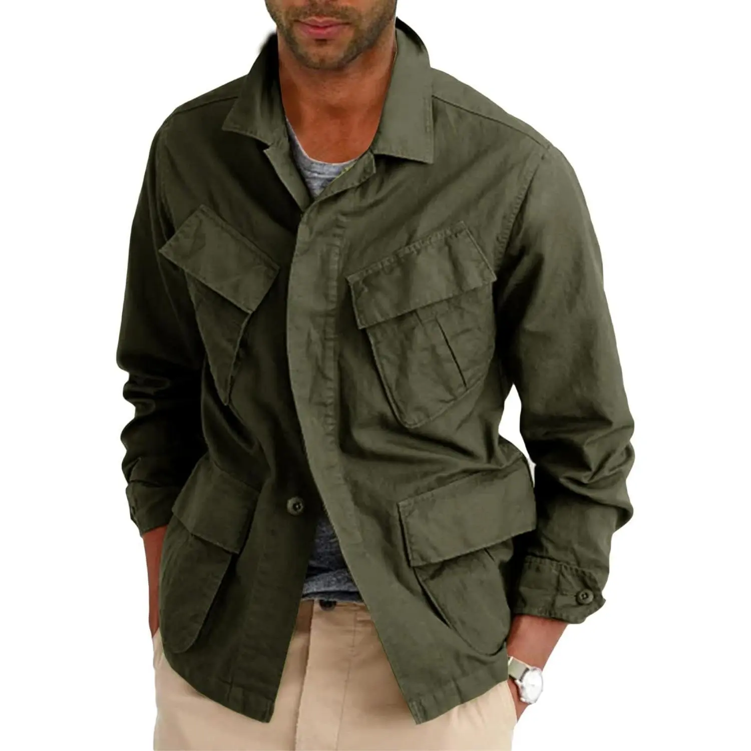 PASLTER Men's Casual Cotton Military Cargo Jacket - Lightweight Long-Sleeve Button-Up Outdoor Top, Hand Wash Only