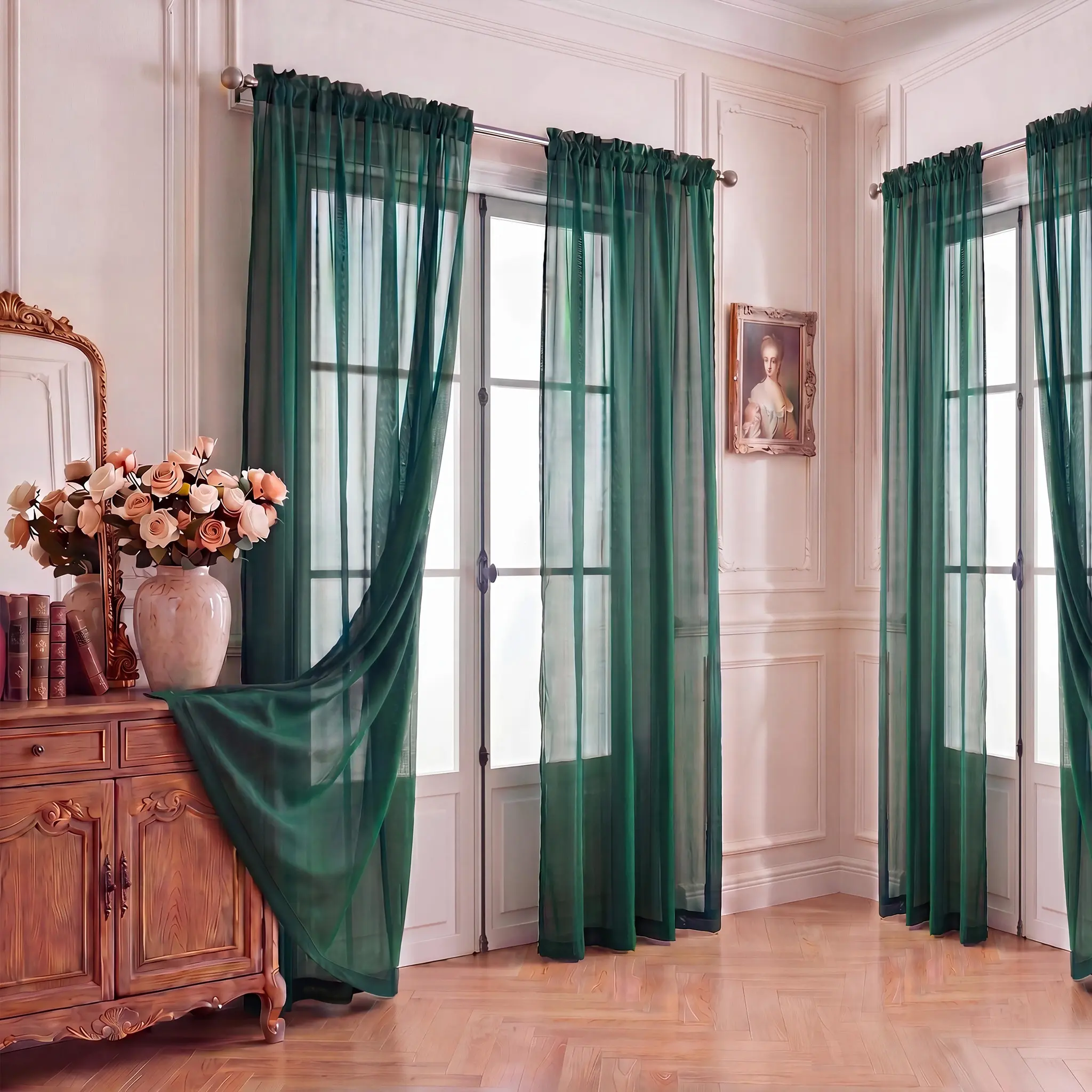 4 Panels 52"x84" Solid Color Doria Sheer Rod Pocket Curtains, Grid Linen Textured Light Filtering Voile, Plain Neutral Semi Sheer Window Drapes for Farmhouse Boho Cottage Bedroom Living Room Decor FT2522