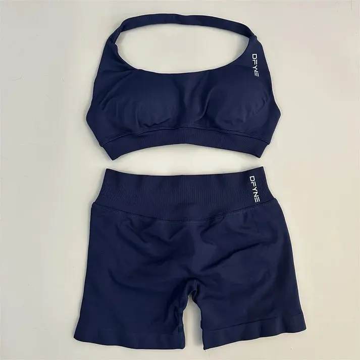 Women's 2-Piece Fitness Set - Plain Blue High-Waisted Athletic Bra and Shorts for Gym Workouts & Running