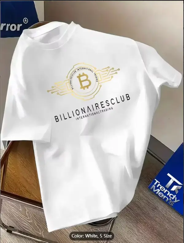 Women's Short-Sleeve T-Shirt - Trendsetter's Choice, "BILLIONAIRES" Lettering, Golden Bitcoin & Tech Prints, Financial Fashion Vibe, Slightly Elastic, Casual Classic Loose Regular Fit, Summer Matching Top