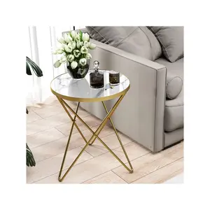 New 2024  HLR Modern Round End with Marble Effect Top Metal Frame Small Side Table for Living Room Bedroom Sofa and Couch Gold Legs Furniture Decoration