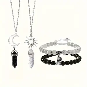 4pcs Sun Moon Synthetic Stone Turquoise Pendant Couple Necklace, Charm Lucky Love Magnetic Beads Bracelet, Valentine's Day Party Gift Set