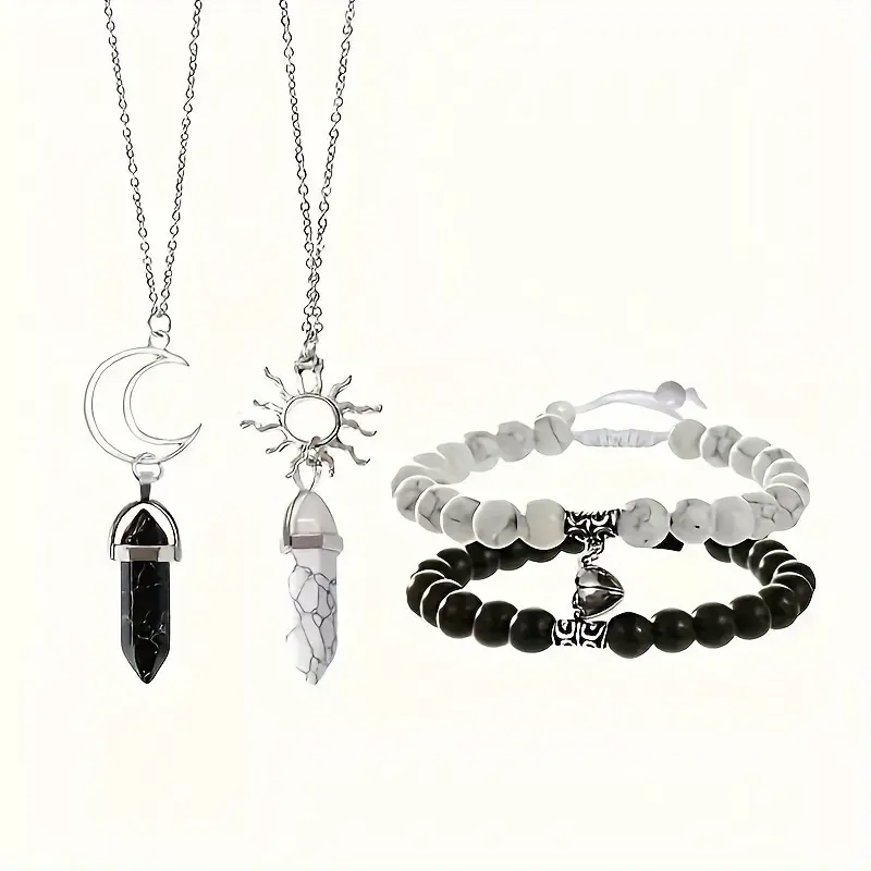 4pcs Sun Moon Synthetic Stone Turquoise Pendant Couple Necklace, Charm Lucky Love Magnetic Beads Bracelet, Valentine's Day Party Gift Set