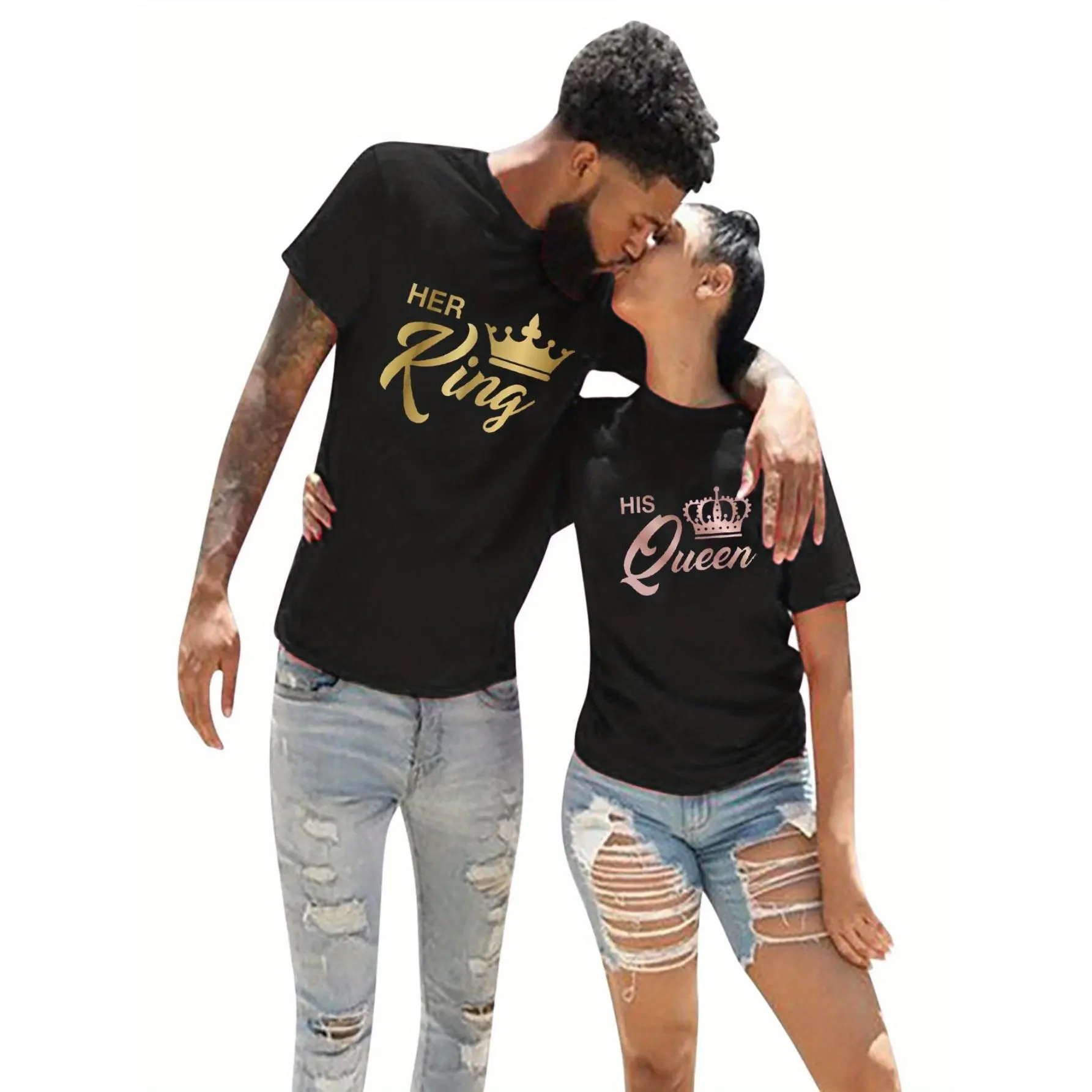 Couple Shirt for Him and Her Couple Crewneck Outfit King and Queen Tshirt Husband and Wife Shirt 1 Piece Couples Matching Shirts for Him and Her Men Women King Queen Print Valentine's Day Short Sleeve Couple T-shirt