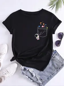 Women's Cartoon Astronaut & Planets Print Pocket Round Neck Tee, Casual Short Sleeve Crew Neck T-Shirt for Summer, Fashion Women's Top for Daily Wear
