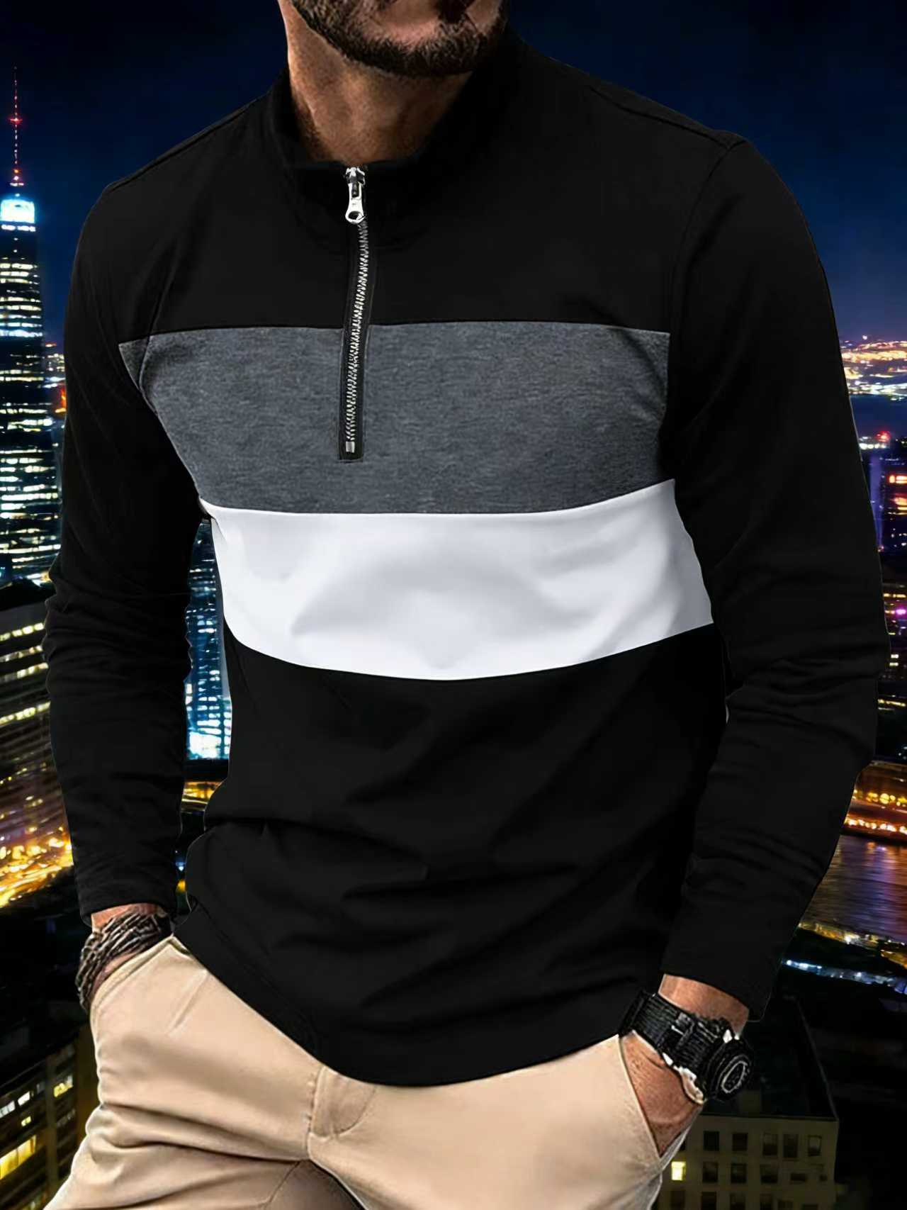 Men's Quarter Zip Polo Shirt Long Sleeve Color Block Pullover Casual Golf Shirt Stand Collar Sweatshirt Tops