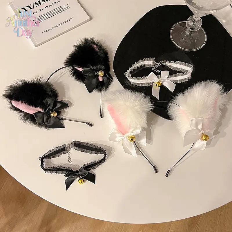 Women's Adjustable Cat Ear Headband with Lace Collar, Sexy Bell, Plush Design, Metal Parts - Christmas, Halloween Use for Outdoor Camping Picnic Ornaments, Adjustable Headband