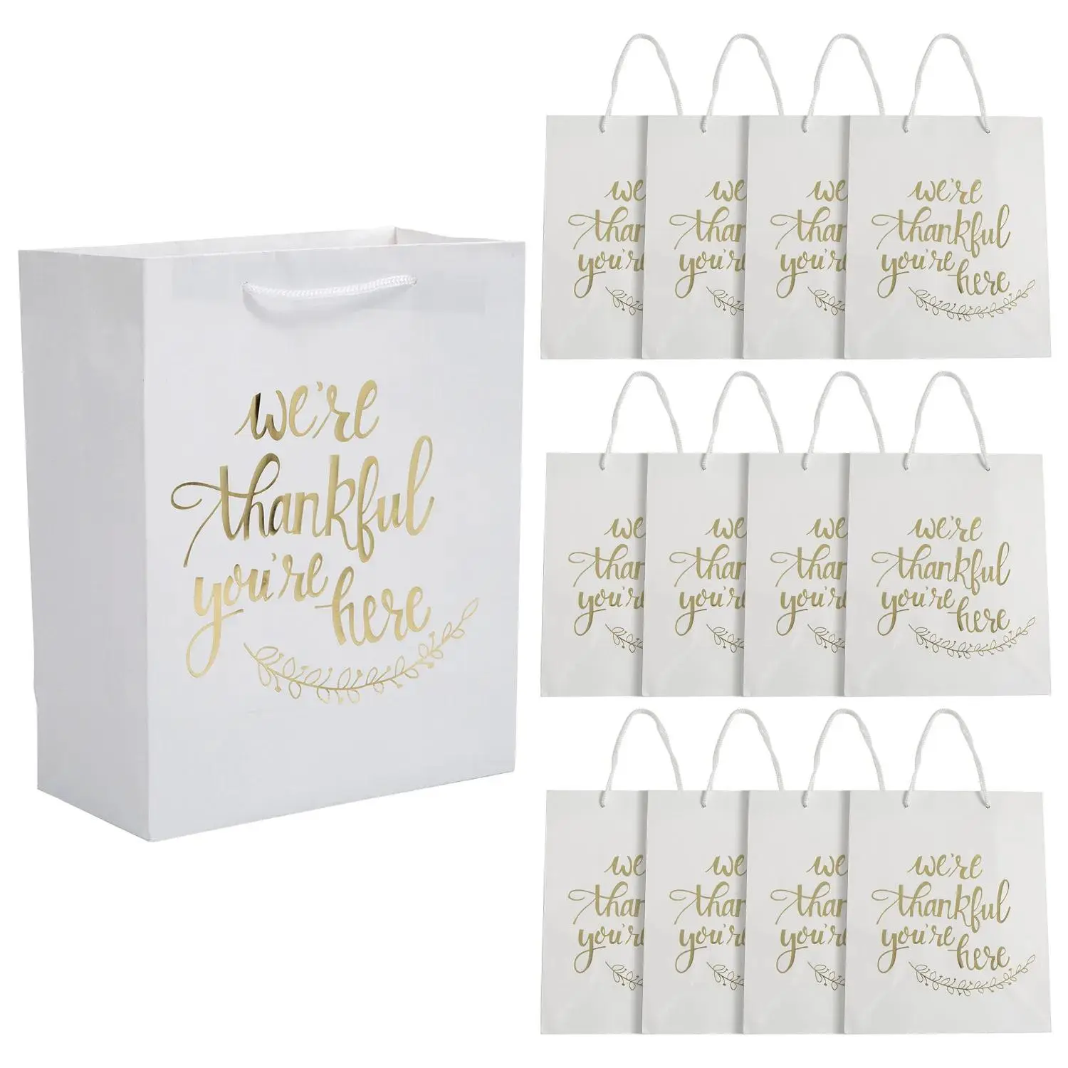 7 1/2" x 9" Thankful You're Here White with Gold Kraft Paper Gift Bags - 12 Pc.
