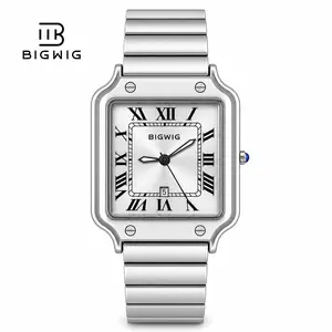 BIGWIG 8001B Unisex Square Stainless Steel Quartz Watch, Geometric Wristwatch with Roman Numerals, Sunray Dial, Adjustable Metal Bracelet, Casual Business Analog Timepiece summwins