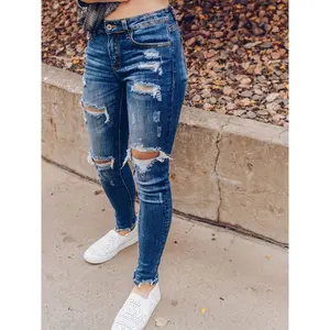Distressed Skinny Jeans for Women - Mid-Rise Stretch Denim with Ripped Detailing, Blue with White Spray Paint Edges, Comfort Streetwear