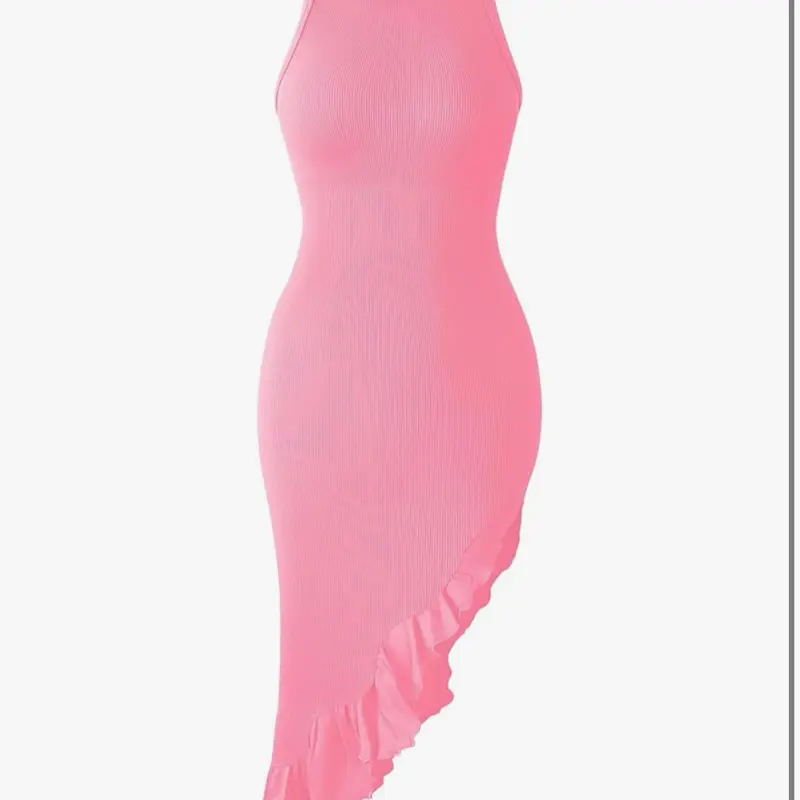 Vestido de fiesta elegante y sin mangas con cuello redondo y volantes de OQQ para mujer, color rosa caramelo.
